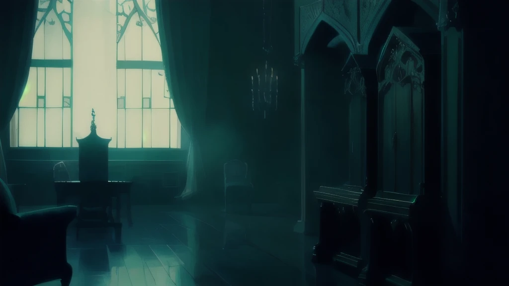 gothic style room, Cold, fog, scary, aristocrat&#39;s room, night, no light, No people