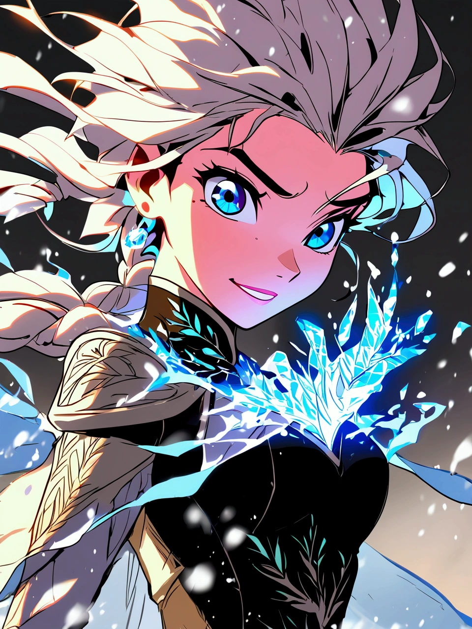 Anime artwork of Elsa from Disney Frozen. Body shot, dynamic pose, Hyper detailed manga anime style.