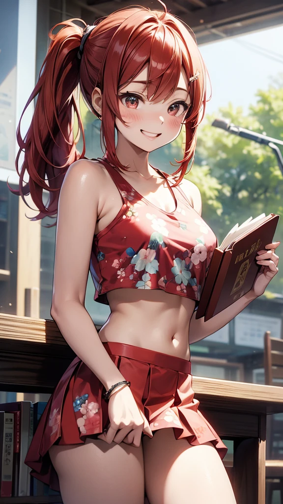 (suzu), ore no imouto ga konna ni kawaii wake ga nai, 25-yers-old girl with crimson red hair- pulled up into twin ponytails, wearing a floral crop top and mini skirt, library background, smiling, holding a book