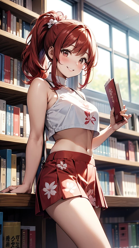 (suzu), ore no imouto ga konna ni kawaii wake ga nai, 25-yers-old girl with crimson red hair- pulled up into twin ponytails, wearing a floral crop top and mini skirt, library background, smiling, holding a book