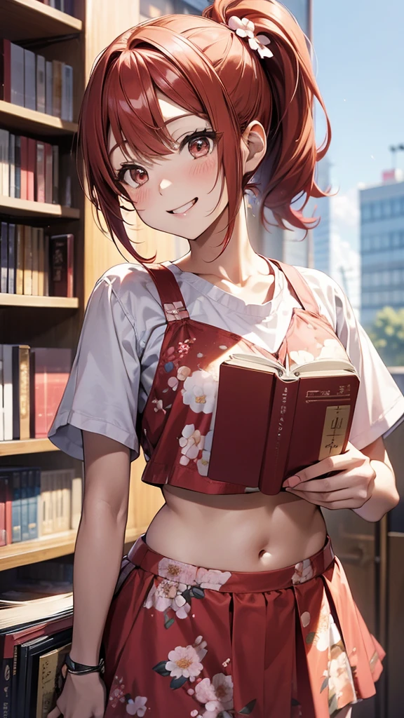(suzu), ore no imouto ga konna ni kawaii wake ga nai, 25-yers-old girl with crimson red hair- pulled up into twin ponytails, wearing a floral crop top and mini skirt, library background, smiling, holding a book