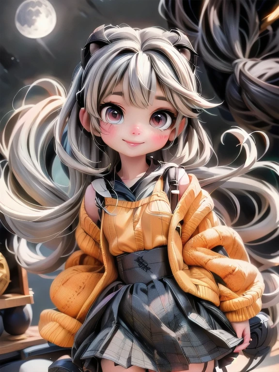 a cute horned girl smiling, pumps, at night, starry sky, moon at background