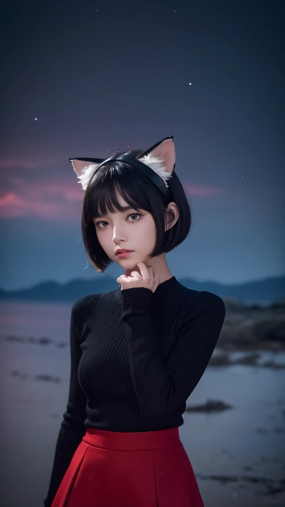 Delicate and dainty young woman with shiny bob-cut black hair and cat ears. She is wearing red fitted body knit sweater with mini-skirt. The background is a fantastic and ethereal night sky that seems to be haunted by a specter. Her expression is stern and atmospheric.