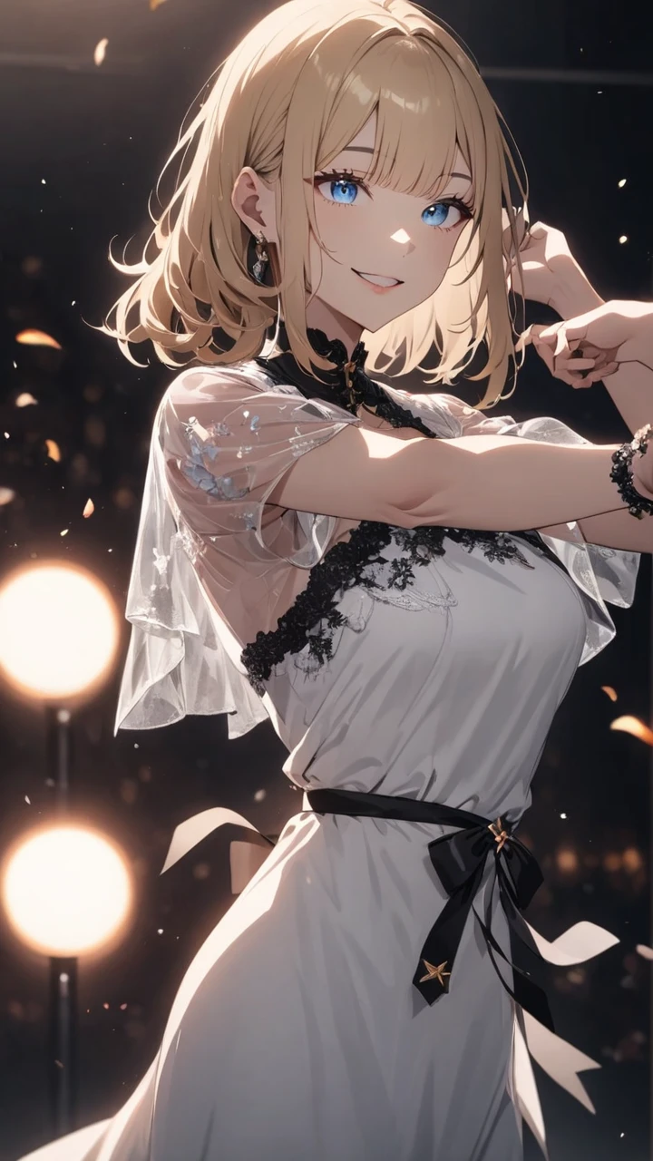 highest quality, masterpiece, best quality, 1 girl, solo,
BREAK
dramatic lighting, glowing, glowneon, moonlight,
BREAK
Idol stage, glow sticks
BREAK
Dancing, smile 
BREAK
blue eyes, medium hair, blonde hair:1.5, straight hair, white long dress, see-through sleeve, 