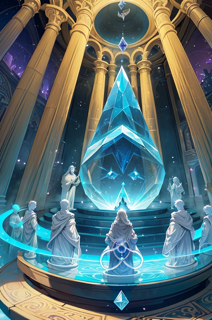 a group of ten sorcerers who pray to a gigantic magic crystal which seems to float, in a temple, (cercle magique:1.5), Esthétique, extrêmement détaillé, fantastique, illustration, plan médian, cercle magique, intrigué, (énergies mystiques:1.2) tourbillonnant à l'intérieur, douce lueur, éclairage bicolore, pénombre, fantaisie, contraste, féerique, noyau de rêve,