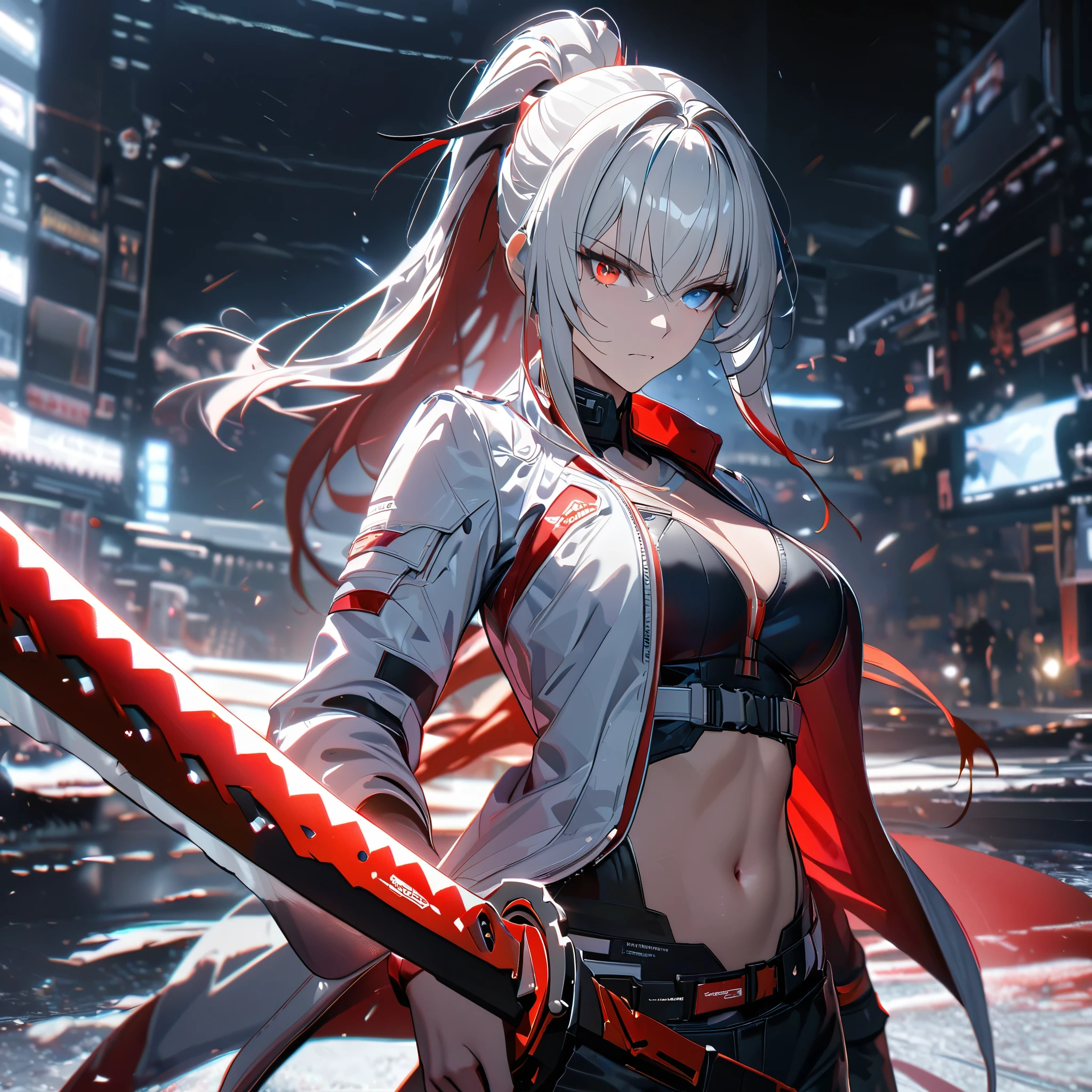 a woman wearing a white fur jacket, open jacket, wearing a short black shirt, exposed abdomen, wearing tight black pants, large breasts, silver hair, red bangs, multi-colored hair, blue eyes, red eyes, multi eyes, ponytail hair , holding a katana with a red blade, katana without a sheath, standing on a concrete platform with a winter and cold location, red ray effect, eyes transmitting red and blue rays, serious face,,UHD , prime work , accurate , anatomically correct , textured skin , super details , high quality , best quality, 8k, high resolution, bokeh effect. (woman alone), close view. Punishing_gray_raven, Alpha_Crimson_Weave
