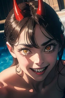  face perfect, 8K resolution , chainsaw power, bright yellow eyes, with its iconic two red horns on top of its head, fangs, sharped teeth, wearing black bikini, cleavage on exposed breasts, humida, pool setup, getting out of the pool, open air, bright sunny, godrays, pose sexy, smiling, Water dripping, lindo rosto 🌝