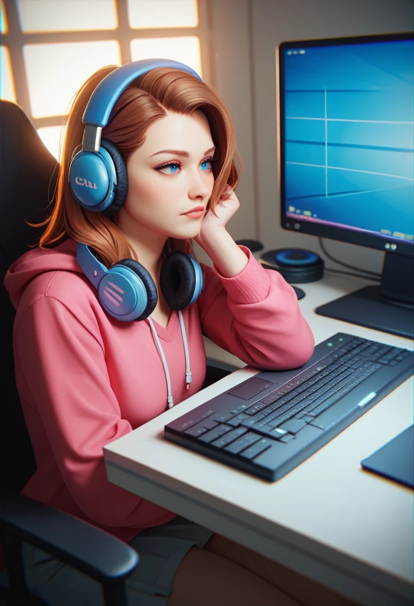 Highest quality,masterpiece,,high resolution,4K,Atmospheric,Detailed Description,Girl typing on a computer keyboard,,Private room,headphone,A foolproof move,Staring at your computer screen