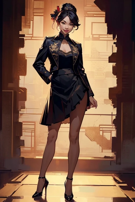 (full body:1.4), Pretty 27 yo Chinese woman, Short, beautiful figure, cute butt. (smile), Jacket, blouse, ruffle skirt, high heels.Masterpiece, (highly detailed:1.2),(detailed face and eyes:1.2), 8k wallpaper, Moody lighting. core shadows, high contrast,