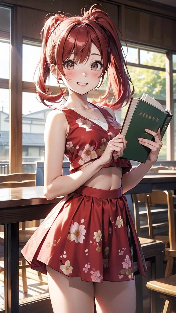 (suzu), ore no imouto ga konna ni kawaii wake ga nai, 25-yers-old girl with crimson red hair- pulled up into twin ponytails, wearing a floral crop top and mini skirt, library background, smiling, holding a book, back turned