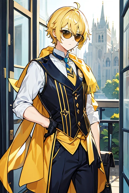 man, short blonde hair, yellow eyes, Sunglasses, blue scarf, white vest, black shirt, black gloves