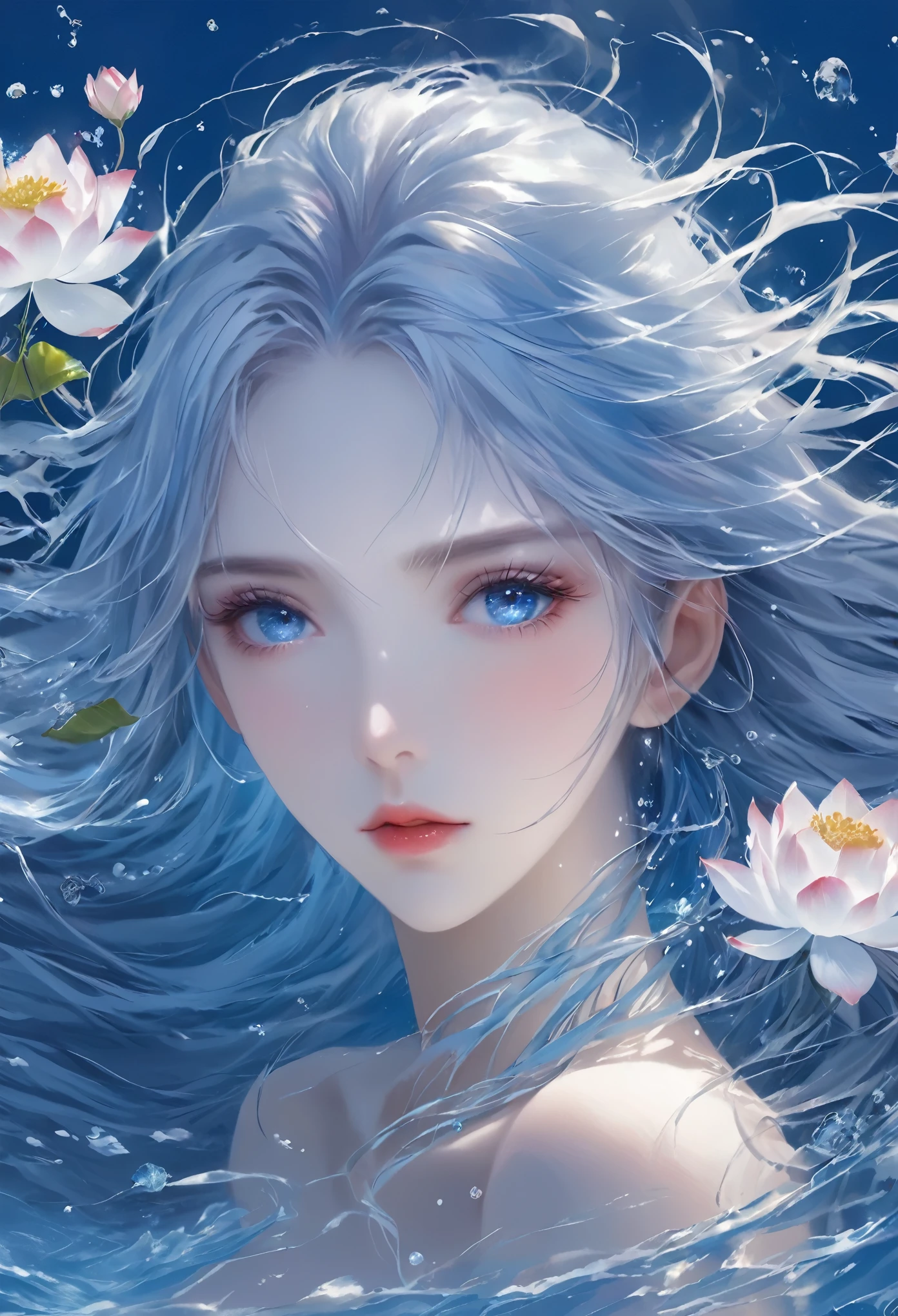 Seven part photos, masterpiece, best quality, Official Art, Extremely detailed CG 8k wallpaper,(Flying petals)(Detailed ice) , water晶质感皮肤, Cold expression, White hair, Long hair, Messy hair, blue eyes, Looking at the audience, Extremely refined, water, ((Beautiful and delicate eyes)), Very detailed, light,((Pretty Face),fine water surface, (Original figure painting), Very detailedSeven part photos, masterpiece, best quality, Official Art, Extremely detailed CG 8k wallpaper,(Flying petals)(Detailed ice) , water晶质感皮肤, Cold expression, White hair, Long hair, Messy hair, blue eyes, Looking at the audience, Extremely refined, water, ((Beautiful and delicate eyes)), Very detailed, light,((Pretty Face),fine water surface, (Original figure painting), Very detailed, Very detailed, (Extremely refined), Beautiful and delicate eyes,