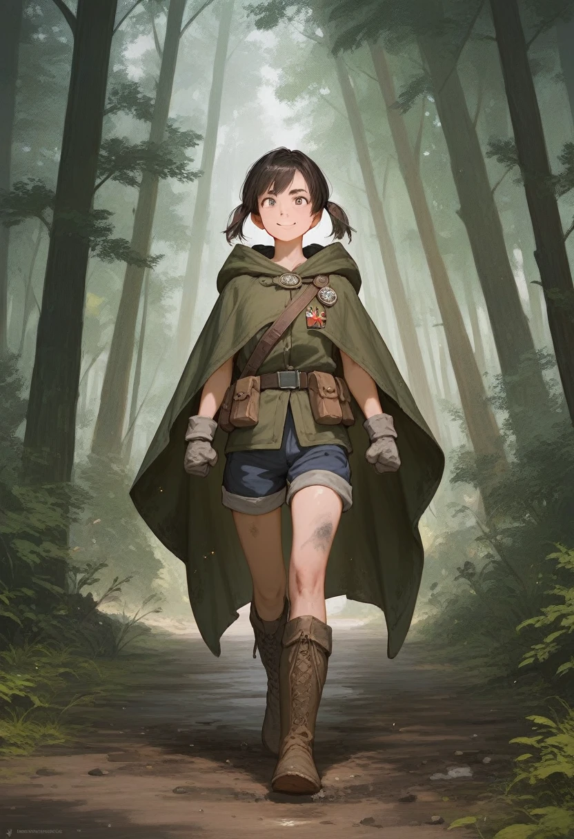 score_9, score_8_up, score_7_up, masterpiece, high quality, realistic
1girl, cloak, gloves, oversized limbs, belt, short hair, twintails, pouch, boots, top, shorts, clenched hands, smile, walking on a dirty path in a forest