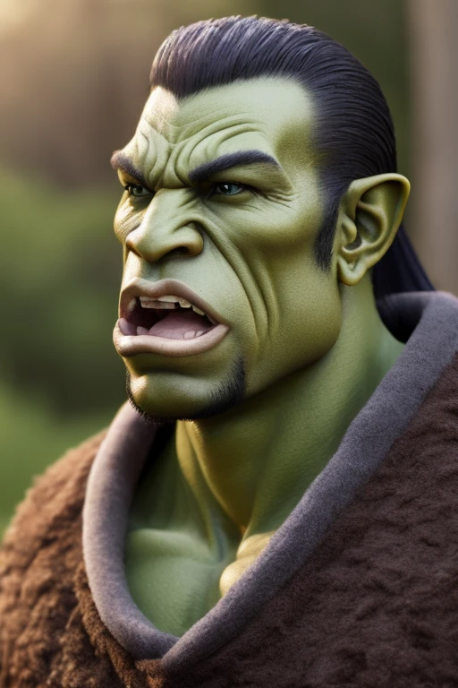 ((Best quality)), ((masterpiece)), (detailed), male half-orc asian, druid, fantasies, funny, funny, full length, GigaChad, green skin, orc fangs, Long ponytail hair, wide chin, pensive, Mouth closed