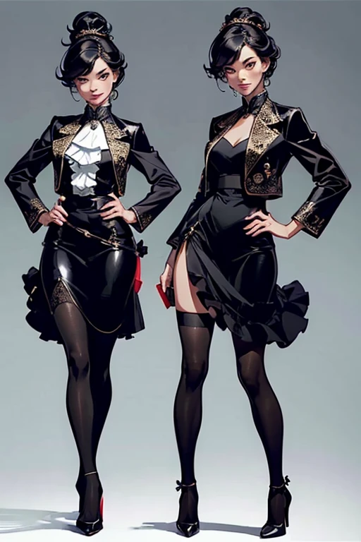 (full body:1.4), Pretty 27 yo Chinese woman, Short, beautiful figure, cute butt. (smile), Jacket, blouse, ruffle skirt, high heels.Masterpiece, (highly detailed:1.2),(detailed face and eyes:1.2), 8k wallpaper, Moody lighting. core shadows, high contrast,