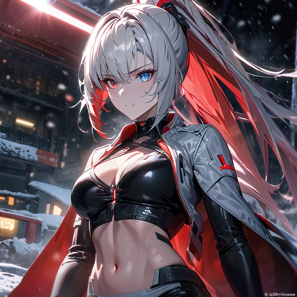 a woman wearing a white fur jacket, open jacket, wearing a short black shirt, exposed abdomen, wearing tight black pants, large breasts, silver hair, red bangs, multi-colored hair, blue eyes, red eyes, multi eyes, ponytail hair , standing on a concrete platform with a winter and cold location, red ray effect, eyes transmitting red and blue rays, serious face,,UHD , prime work , accurate , anatomically correct , textured skin , super details , high quality , best quality, 8k, high resolution, bokeh effect. (woman alone), close view. Punishing_gray_raven, Alpha_Crimson_Weave
