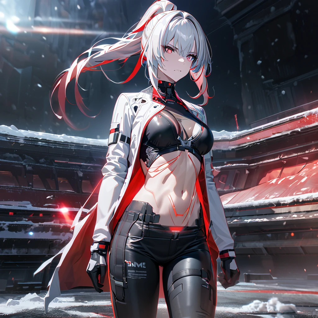 a woman wearing a white fur jacket, open jacket, wearing a short black shirt, exposed abdomen, wearing tight black pants, large breasts, silver hair, red bangs, multi-colored hair, blue eyes, red eyes, multi eyes, ponytail hair , standing on a concrete platform with a winter and cold location, red ray effect, eyes transmitting red and blue rays, serious face,,UHD , prime work , accurate , anatomically correct , textured skin , super details , high quality , best quality, 8k, high resolution, bokeh effect. (woman alone), close view. Punishing_gray_raven, Alpha_Crimson_Weave
