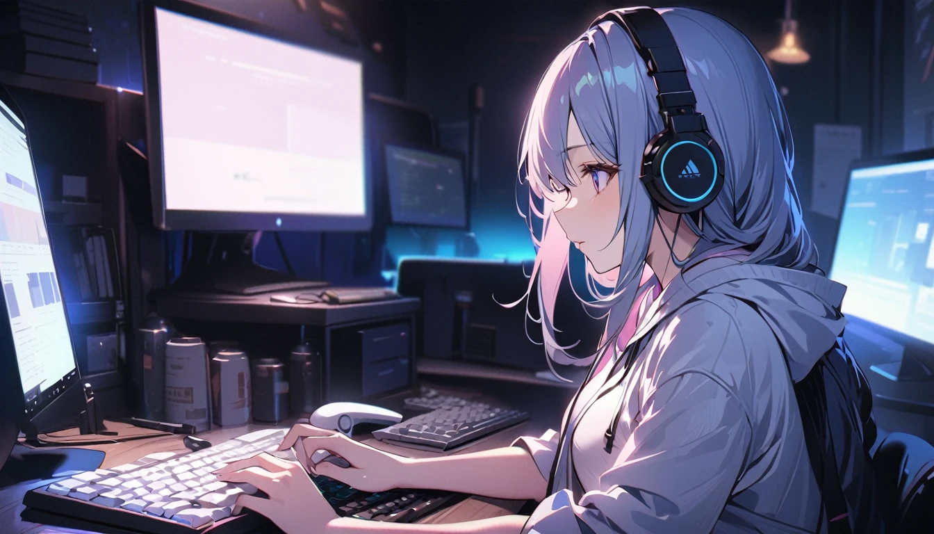 Highest quality,masterpiece,,high resolution,4K,Atmospheric,Detailed Description,Girl typing on a computer keyboard,,Private room,headphone,A foolproof move,Staring at your computer screen