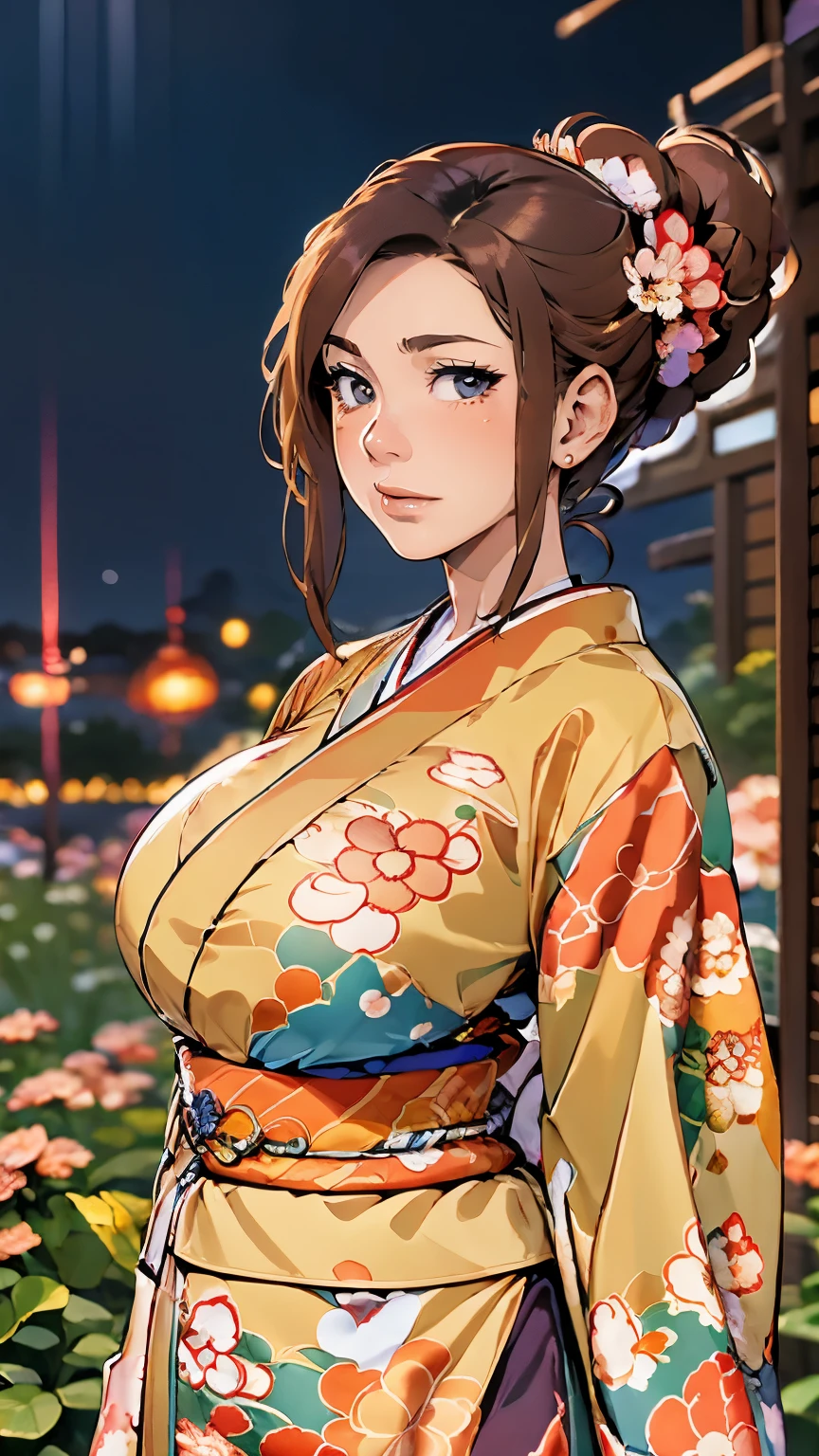 Best Quality, high_resolution, Distinct_image, Detailed background ,girl, japanese kimono,flower,garden,Moon,fireworks, Night,Dutch Angle, Wide Shot, ,(huge bust:1.4)