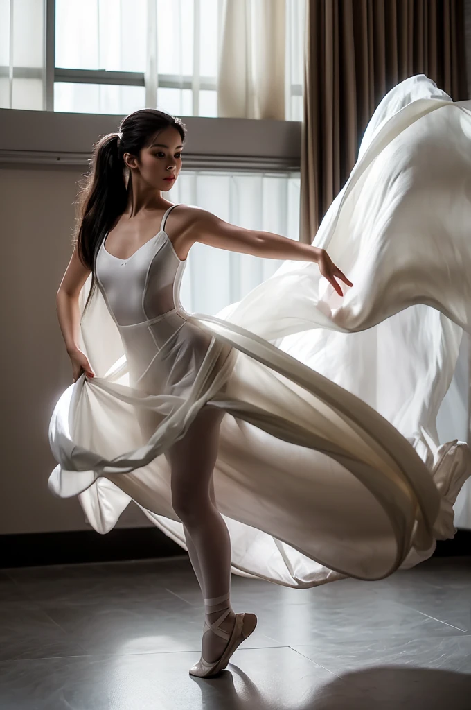 Girl, ballet, see-through silhouette, white dress, in dark room, best quality, masterpiece, high detailed, 8k, dynamic pose, cinematic lighting, dressart, dancing, ballet shoes, black long straight hair face detailed, beautiful face, red mask