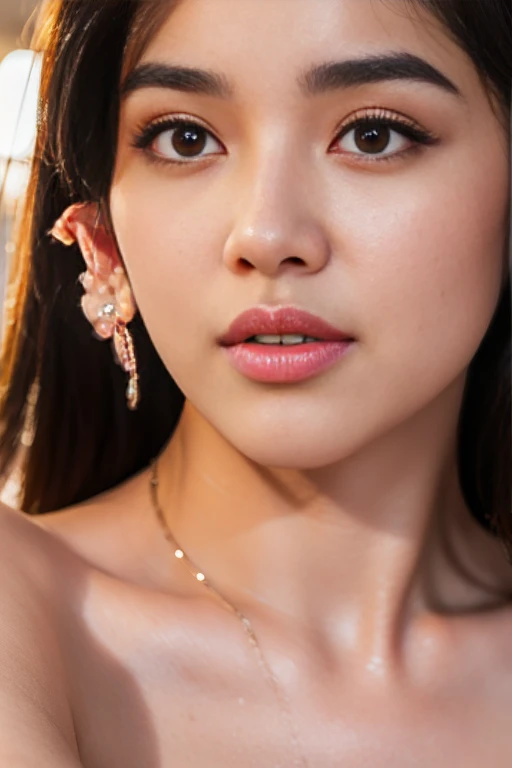 A beautiful detailed girl in a Korean-style dress, holding her breasts, with glowing skin, shiny lips, and bright lighting on her face, in a realistic, photorealistic style, masterpiece, best quality, 8k, highres, ultra-detailed, vivid colors, physically-based rendering, professional, sharp focus, studio lighting, extremely detailed eyes and face, beautiful detailed lips, long eyelashes, pink cheeks, voluptuous breasts, full body view, sensual pose, white dress, close-up