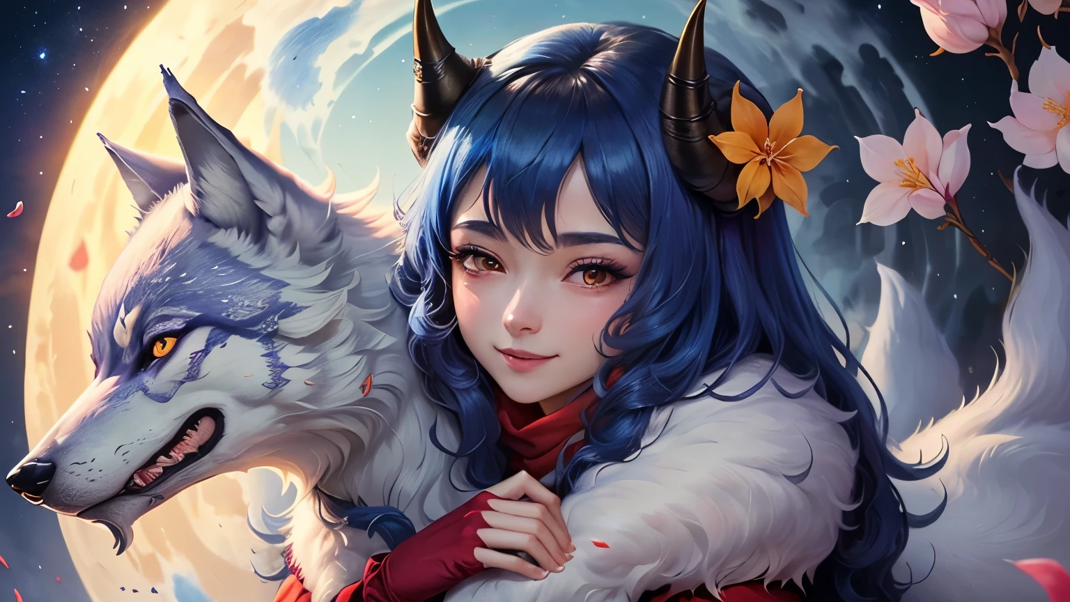 ((best quality)), ((masterpiece)), (detailed)) perfect face highest quality, shiny night sky, ink:1.3,masterpiece,1girl,solo, blue hair, horns,standing,cherry blossom, (wolf:1.2), falling petals, light smile, closed mouth, 2 white wolves are with her, she embraces one of them, she wears red gloves