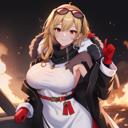 ((best quality)), absurdres, ((ultra high res)), kaela kovalskia, a woman in white dress and black coat, red eyes, blonde hair, gloves, extremely detailed, 8k, masterpiece, create a logo name "Anime Kawaii ID" with background blacksmith.