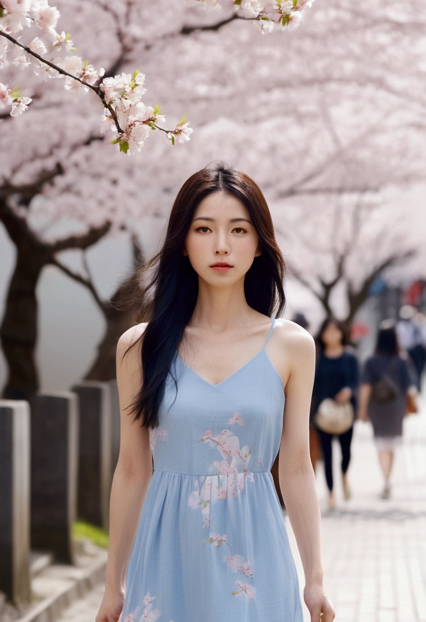 Young Japanese woman with long black hair, almond-shaped eyes, and a slender figure, wearing a pastel blue sundress and white sandals, walking through a bustling Tokyo street lined with cherry blossom trees in full bloom