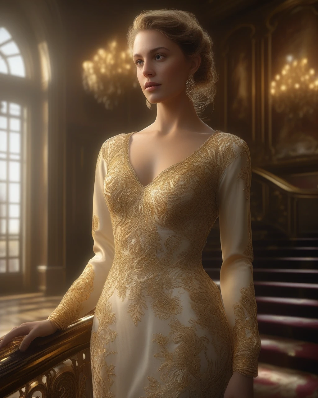 a young woman of 28 years old, with canadian and french features, dark blonde hair in a bun, wearing a long dress with golden embroidery, standing at the top of a luxurious staircase, detailed facial features, (best quality,4k,8k,highres,masterpiece:1.2),ultra-detailed,(realistic,photorealistic,photo-realistic:1.37),ultra-fine painting,physically-based rendering,extreme detail description,vivid colors,cinematic lighting,dramatic portrait,elegant,refined,luxury,ornate