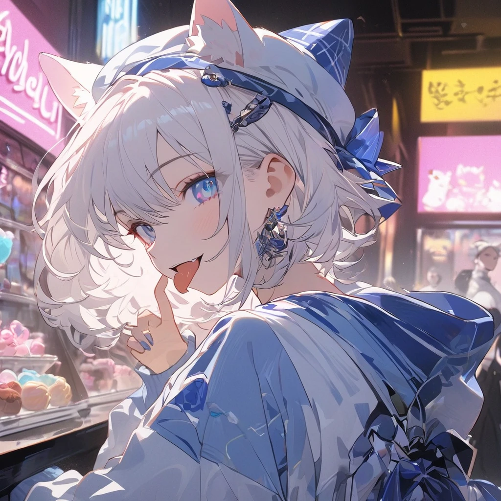 (best qualityer) ((work of art)) 4K Full HD (Aesthetic), a boy, Cao Cao, slim, Short and Straight White Hair, sapphire eyes, He wears a white cap with horizontal blue stripes and cat ears., light blue sweatshirt, cute details, pink background with sweets, Showing your tongue in a provocative way, Sideways looking at the camera, Neon lights.