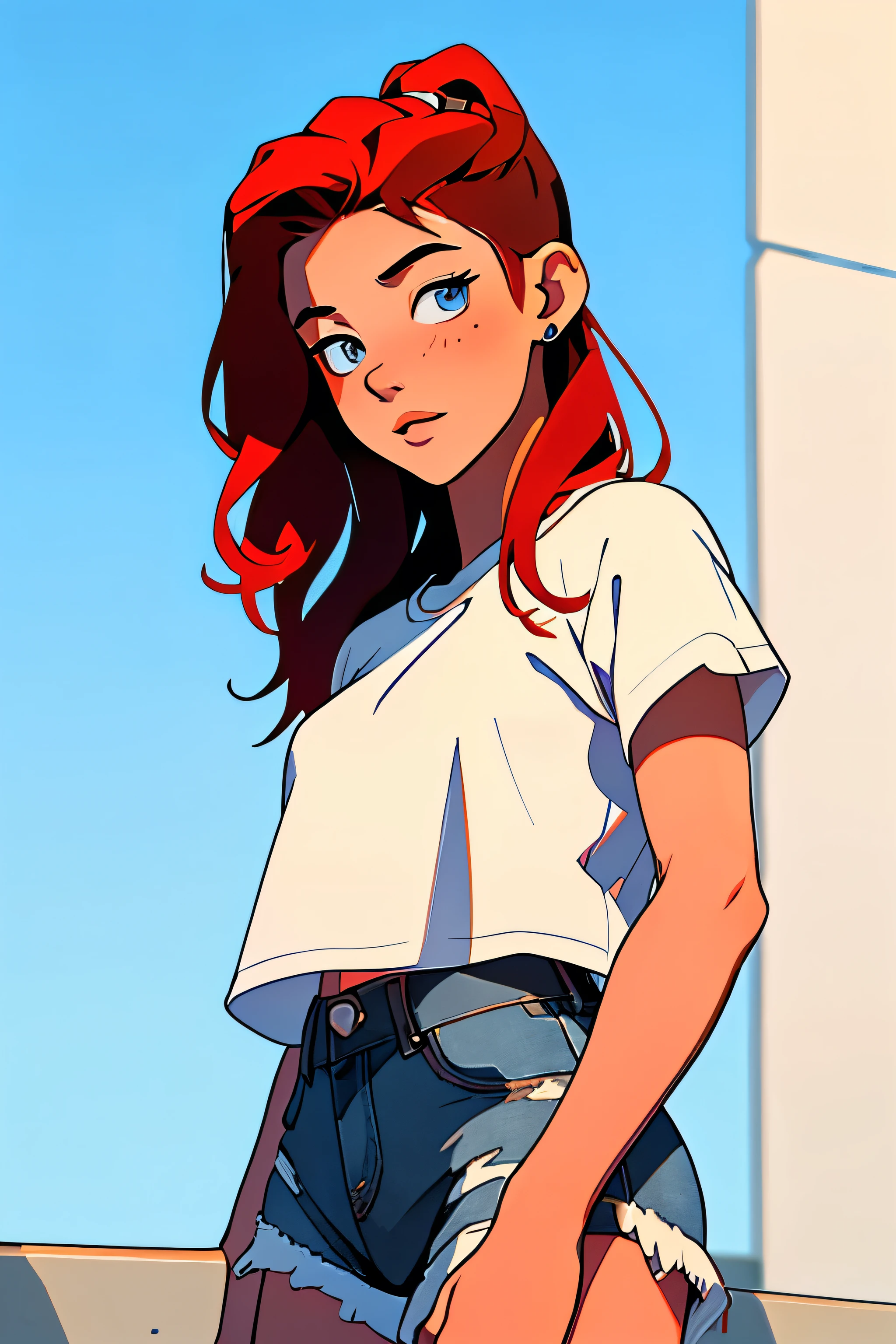 masterpiece, best quality, waist up,1girl,the highest image quality, 21-year-old woman, looks like Olivia Dunne, bright red hair, blue eyes, wearing a white graphic tee and denim shorts, large breasts, White background, empty background, waist up , standing normally, no clothes