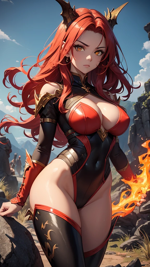 (masterpiece), best quality, expressive eyes, perfect face, fitness body, abs, perfect body, hourglass shape, full body view, red hair, yellow eyes, Dragonoid Girl, full bodysuit leather armor, boots

Setting: Drakonaria, a land of ancient dragon ruins, volcanic mountains, and smoldering embers. The dragonoid girl, named Ember, lives in the heart of the Dragon's Spine mountains, where she masters her fiery abilities and explores the secrets of her dragon heritage.