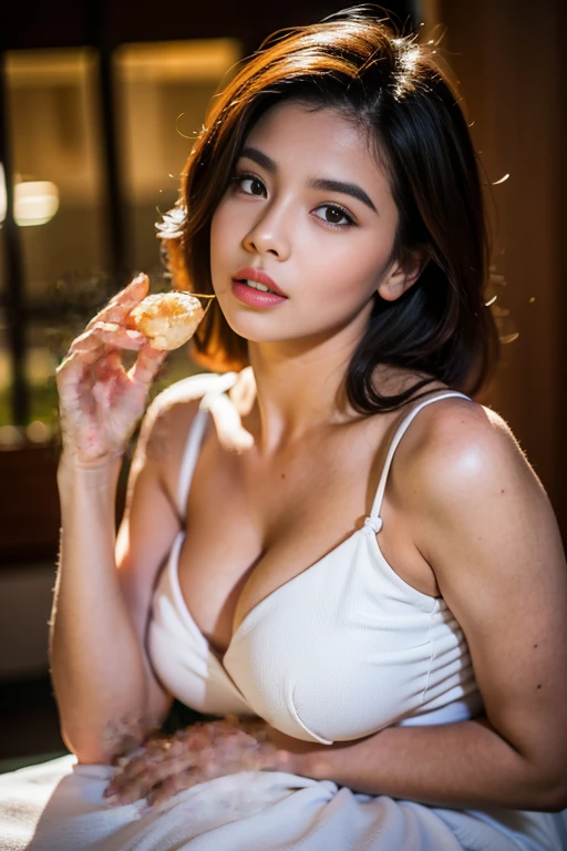 A beautiful detailed girl in a Korean-style dress, holding her breasts, with glowing skin, shiny lips, and bright lighting on her face, in a realistic, photorealistic style, masterpiece, best quality, 8k, highres, ultra-detailed, vivid colors, physically-based rendering, professional, sharp focus, studio lighting, extremely detailed eyes and face, beautiful detailed lips, long eyelashes, pink cheeks, voluptuous breasts, full body view, sensual pose, white dress, close-up