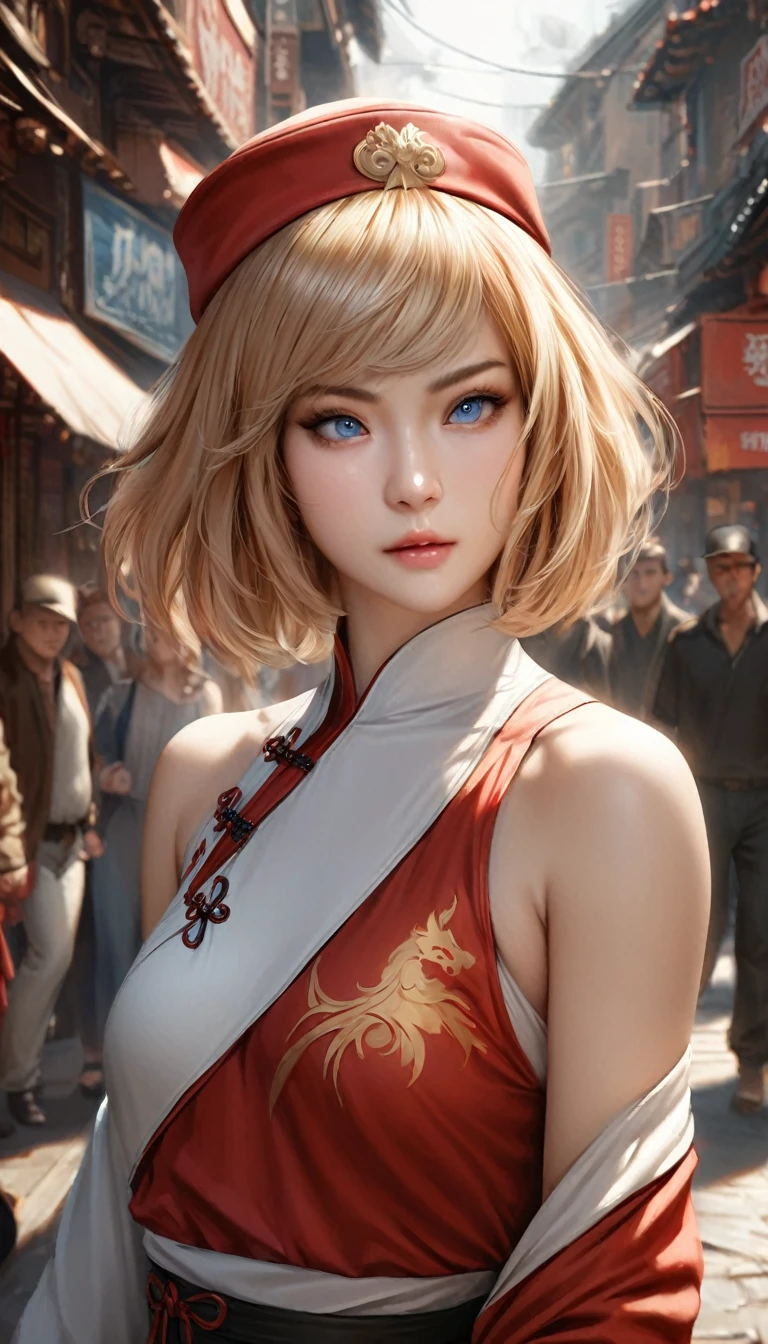 animetoreal,soft light, masterpiece, best quality,high quality,delicate face, realistic,photorealistic,1girl,,blue_mary(fatal_fury), snk, the_king_of_fighters, 1girl, bare_shoulders, blonde_hair, blue_eyes,  short_hair, bob_cut,,hat, Chinese clothing,,in street,floating_clothes,