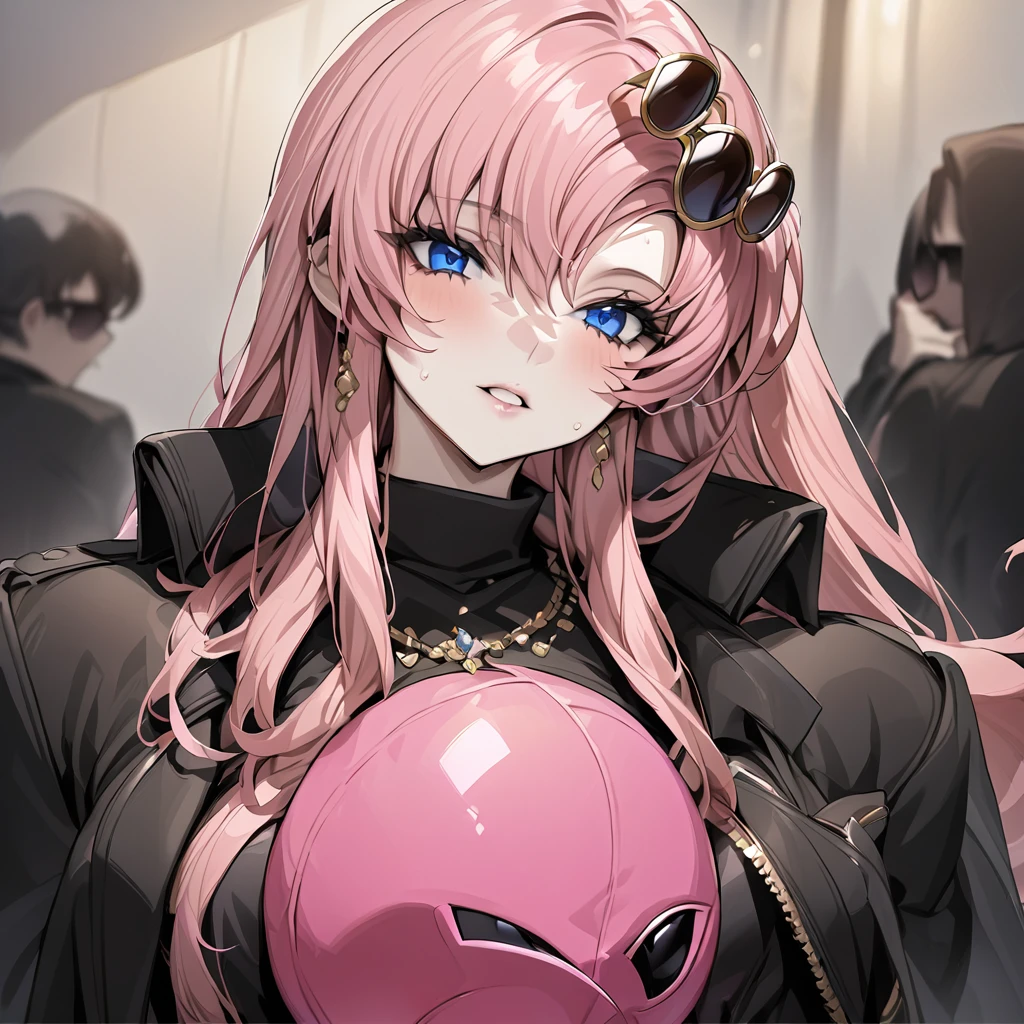 ((Highest quality)), ((masterpiece)), (detailed), (Perfect Face)、The woman is Lacus Clyne, a villainous mafia girl with blue eyes and medium-long pink hair, wearing black clothes, sunglasses, and luxurious accessories.、She is being held close by the mafia boss