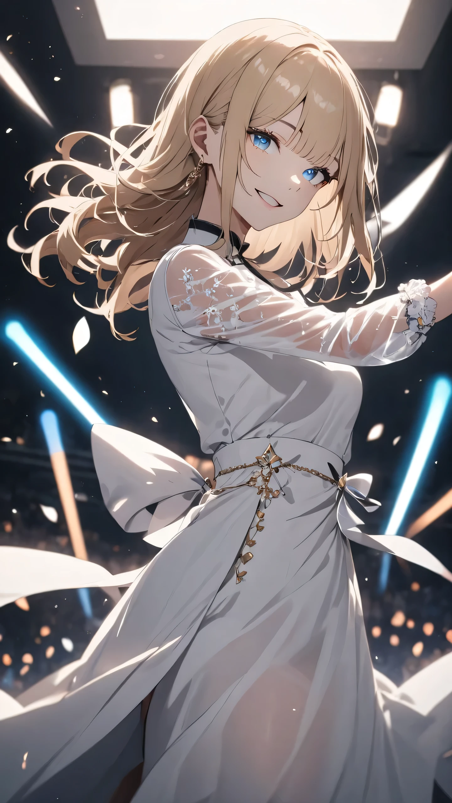 highest quality, masterpiece, best quality, 1 girl, solo,
BREAK
dramatic lighting, glowing, glowneon, moonlight,
BREAK
Idol stage, glow sticks
BREAK
Dancing, smile 
BREAK
blue eyes, medium hair, blonde hair:1.5, straight hair, white long dress, see-through sleeve, 
