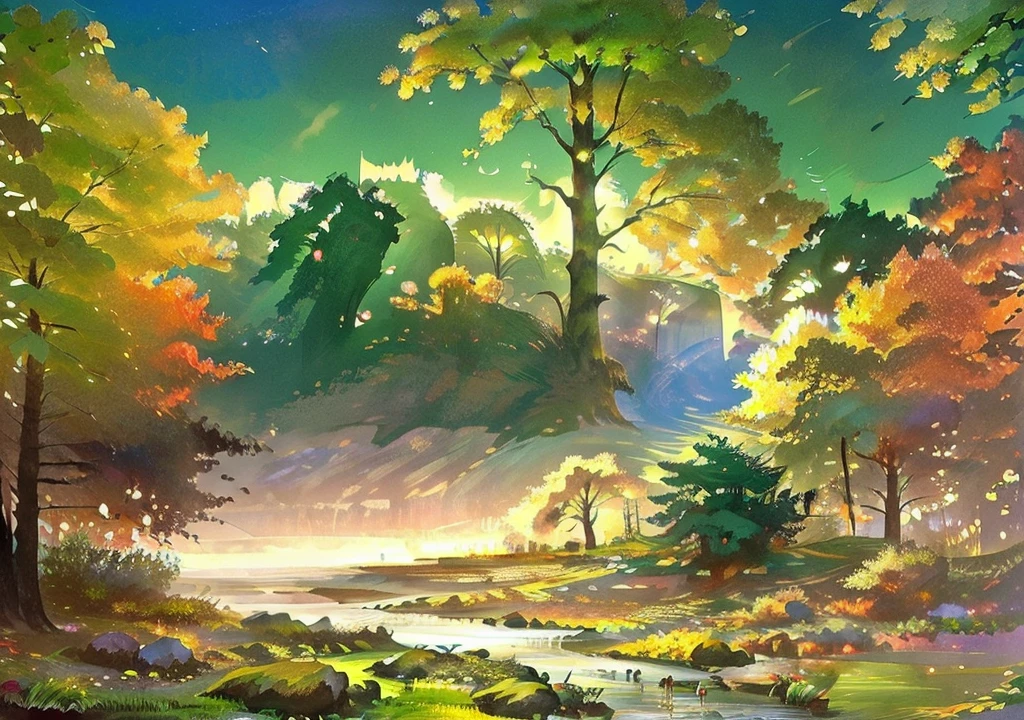 Lush landscape with an ancient harp in a Celtic forest
A beautiful silver harp sits on a mossy rock in an ancient forest. The surrounding area is bathed in sunlight and a mysterious mist.