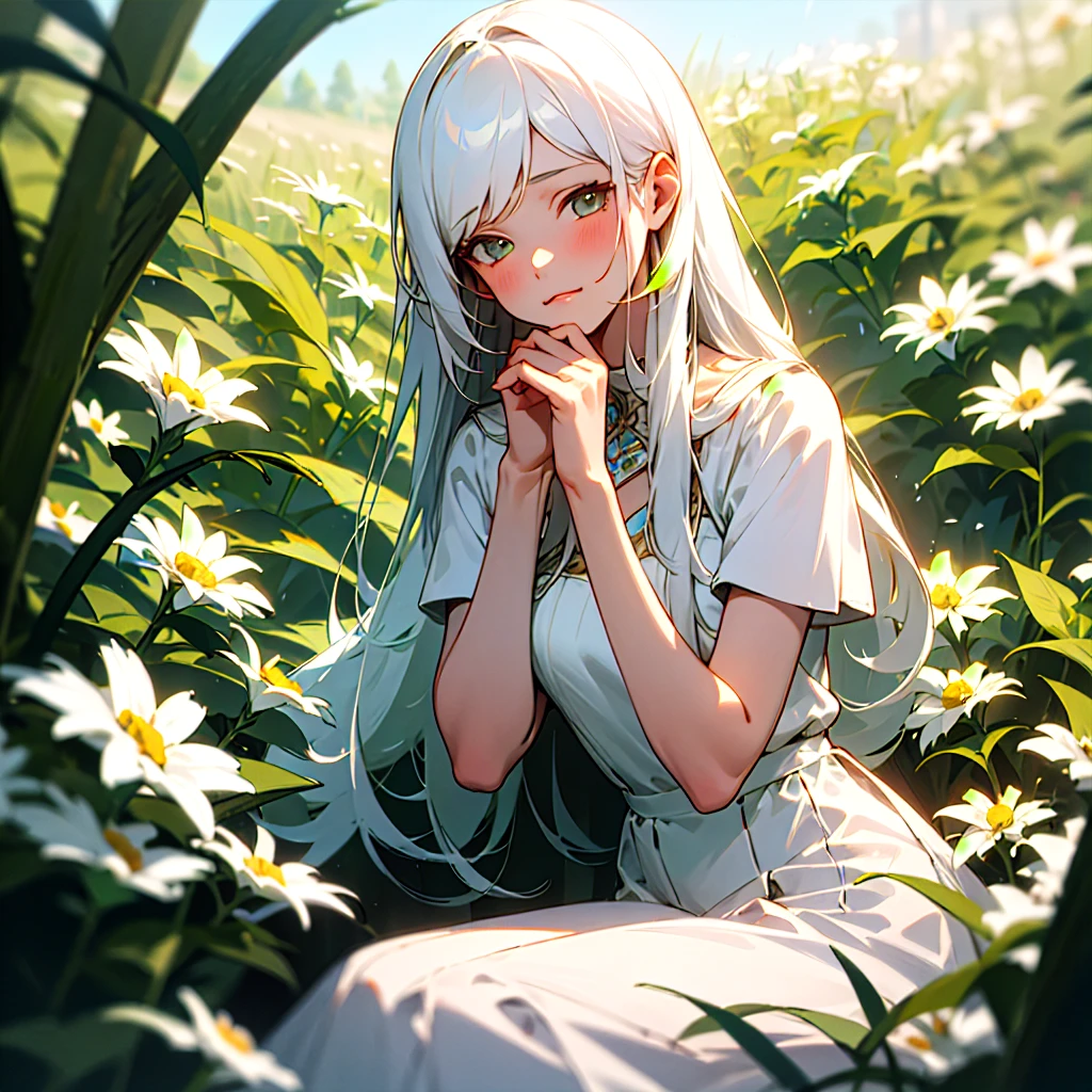 (masterpiece, Best quality),1 girl with long white hair sits in a field of green plants and flowers, her hand under her chin, warm lighting, White dress, blurred foreground