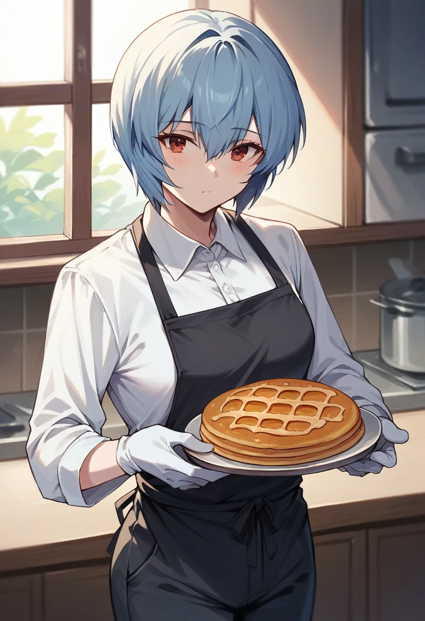 1girl, rei ayanami, ((((blue half elbow gloves)))), (white shirt), ((long sleeves)), (black apron), (pants), looking at viewer, standing, ((makes pancakes)), solo