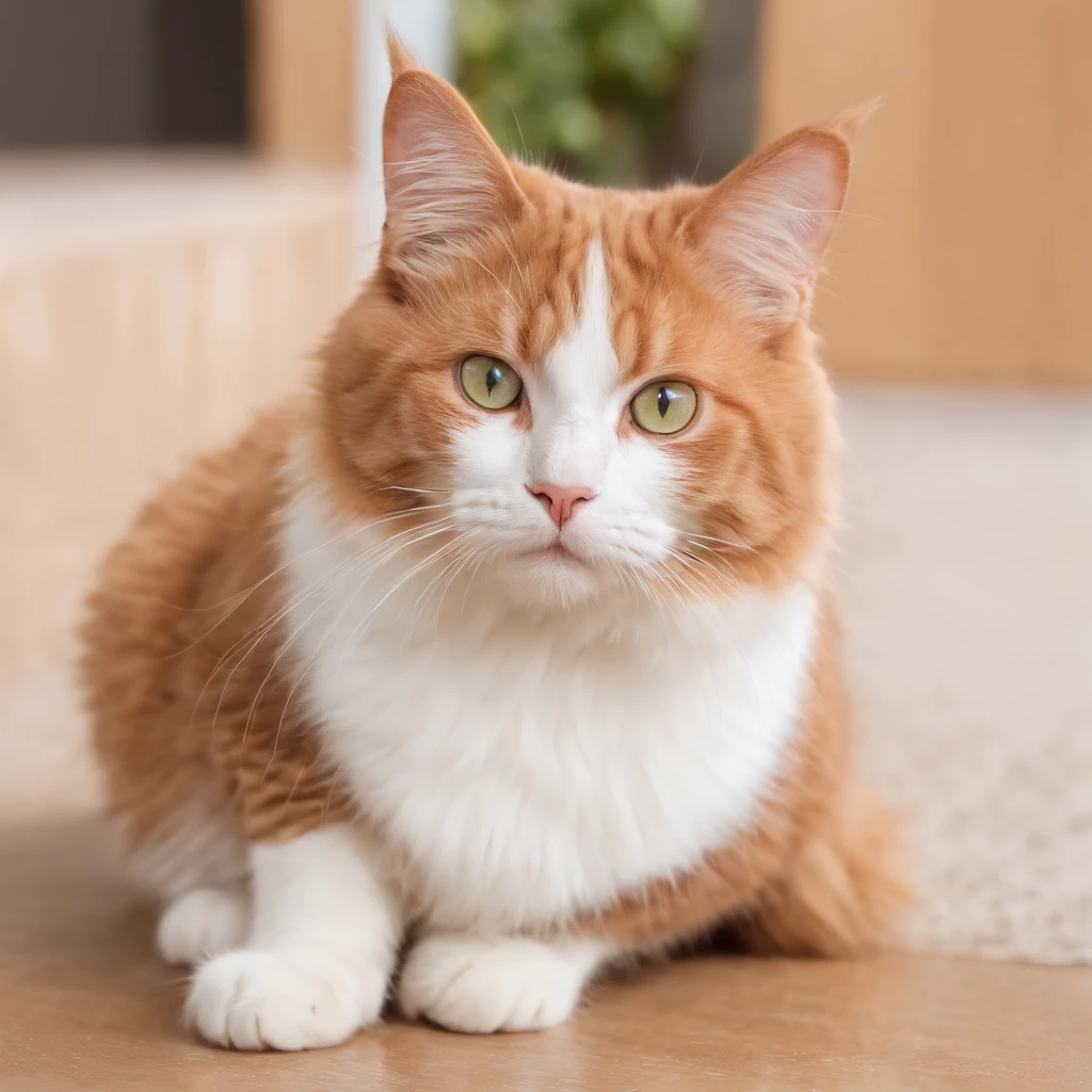 There is a cat that is sitting on the floor green intensive looking at the camera, cute cat, Munchkin cat, awesome cat, fluffy cat, Serious looking Munchkin cat, cat photo, red cat, long - haired munchkin cat, photo of a cat, Pretty cat photo, Manx Cat, an orange cat, orange cat, Pretty cat, anthropomorphic large Manx cat, white nose, Manx cat nose
