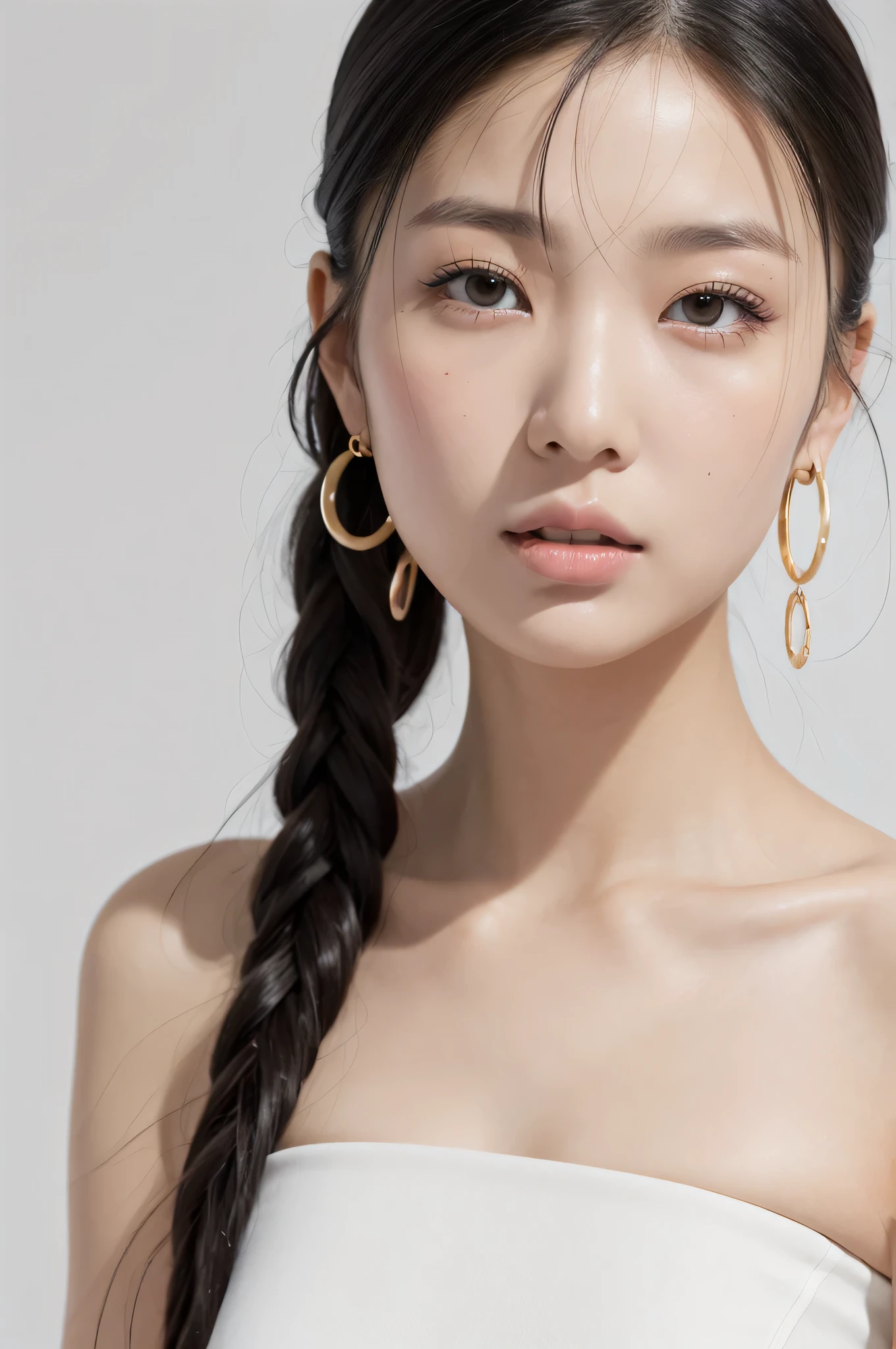 japan asian girl, adult girl, black hair, loose hair, full face looks into the camera, full face, eyes looks into camera, (neutral expression) bad girl face, studio lighting, masterpiece, best quality, solo, 1girl, luminous skin, ultra textured skin, hoop earrings, ultra glamorous, whimsical details, slicked hair, mesmerizing, bare shoulder, white crop top, white long pants, shallow depth of field, contrapposto, professional model, face front, portrait, white background
