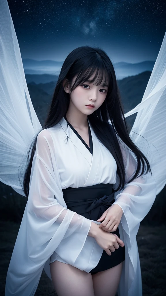 Delicate and dainty young woman with long glossy black hair. She is wearing a white short thigh-baring kimono. The background is a fantastic and ethereal night sky as if possessed by a specter. Her expression is stern and atmospheric. .