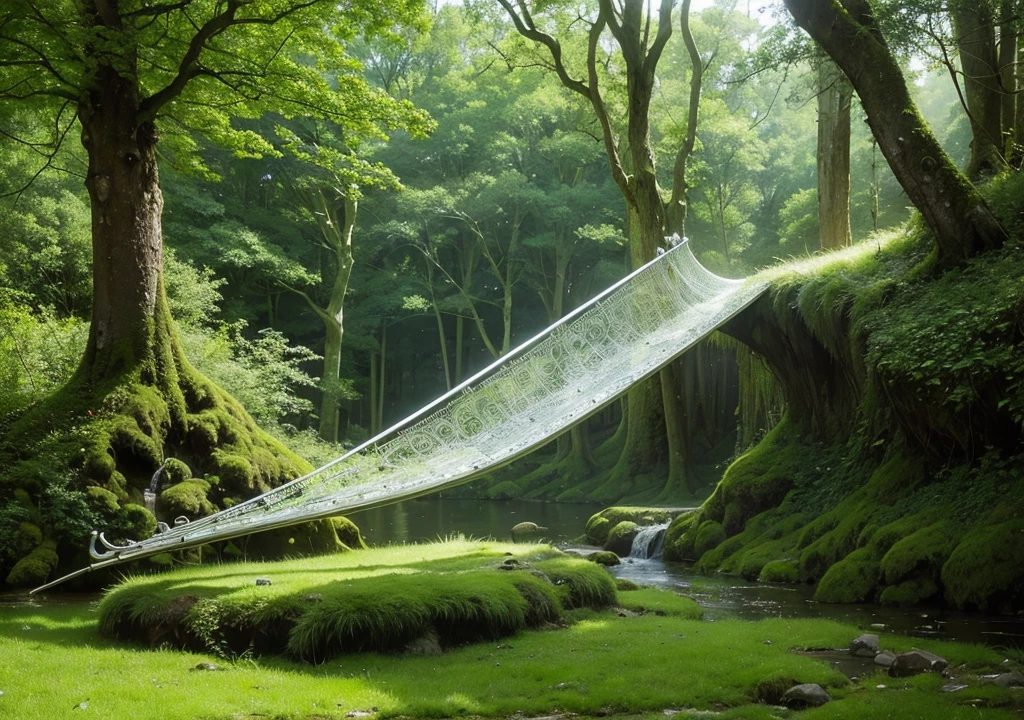 Lush landscape with an ancient harp in a Celtic forest
A beautiful silver harp sits on a mossy rock in an ancient forest. The surrounding area is bathed in sunlight and a mysterious mist.