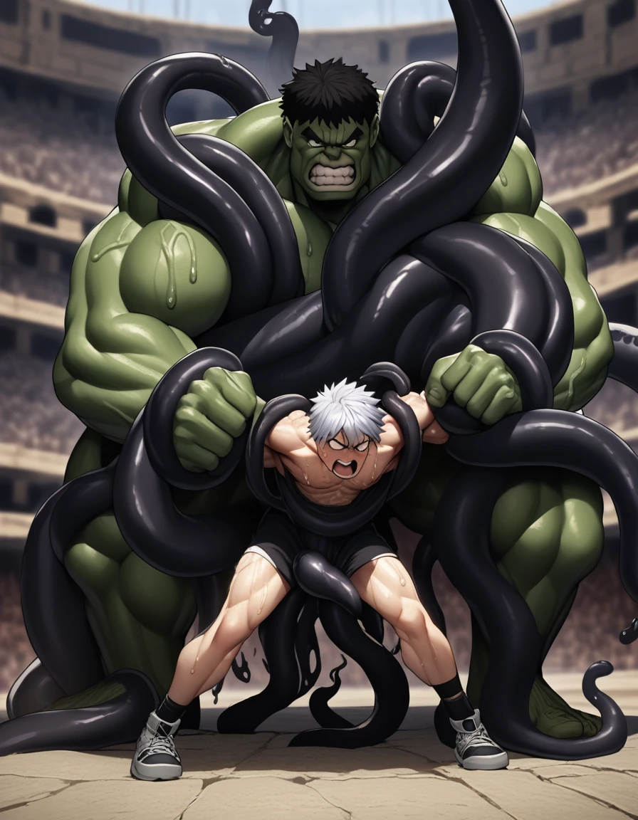 Hünkel,bandage,Silver Hair,Hulk-like body,(((18-year-old boy,Huge penis))),((Being pinned down by black tentacles)),Open your arms wide and clench your fists,Open your mouth wide,Wide, unfocused eyes,Many protruding veins,((Black tentacles attack from behind)),((Black tentacles shoot out from his chest:1.5)),Full body images,Painful expression,Black undershirt,Huge erect penis,A lot of sweat, tears, drool and semen,In the middle of the Colosseum,Gives off an evil aura,Standing karate stance,Toned Muscles,rape,Devil's Body