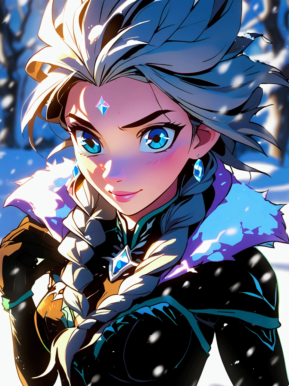 Cell anime artwork of a Elsa from Frozen, standing in the snow. Hyper-realism, (best quality:1.2) 