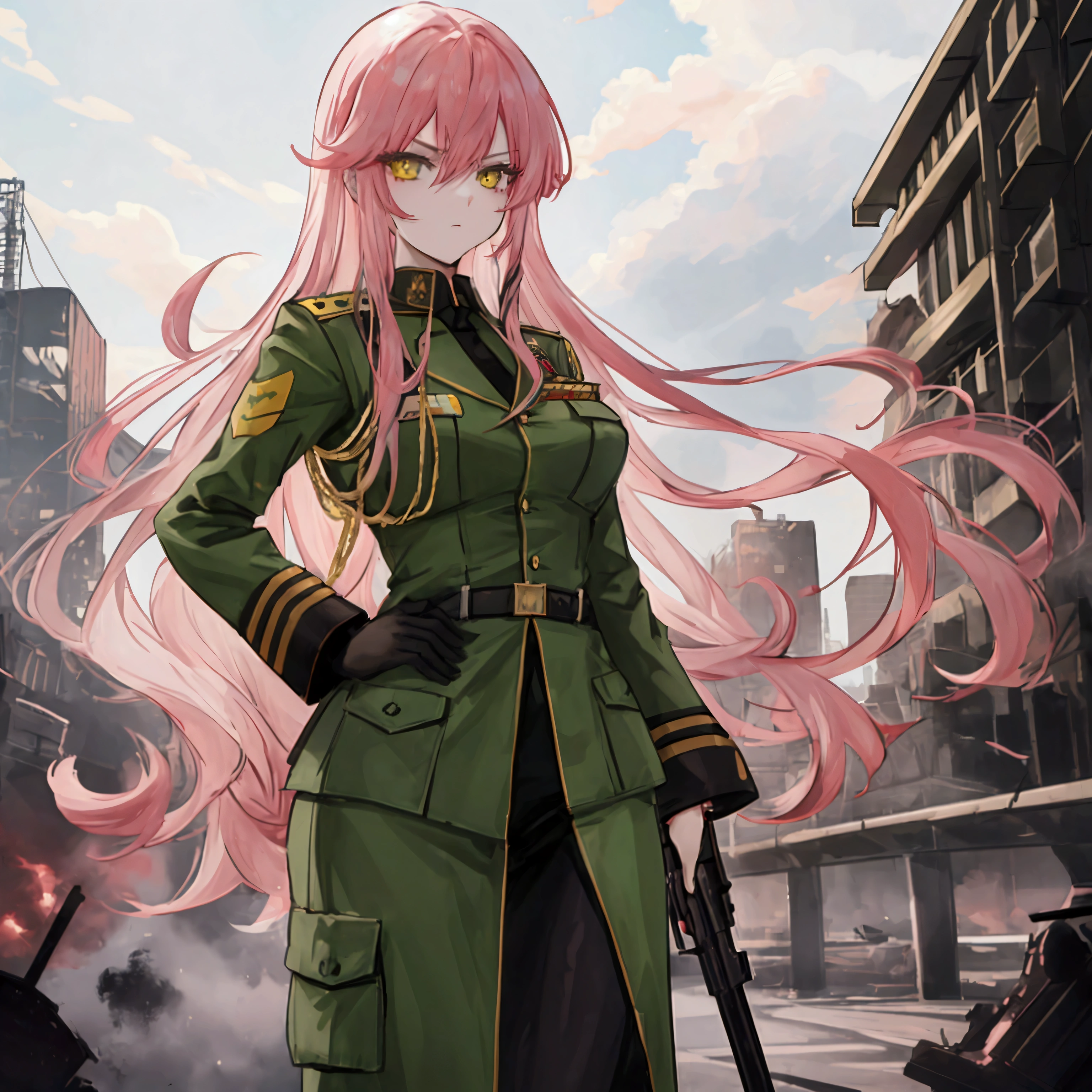 A woman with long pink hair and yellow eyes, 24 years old, wearing a green military uniform, solo, with an evil expression, destroying a city in the background, 4K, best quality, masterpiece