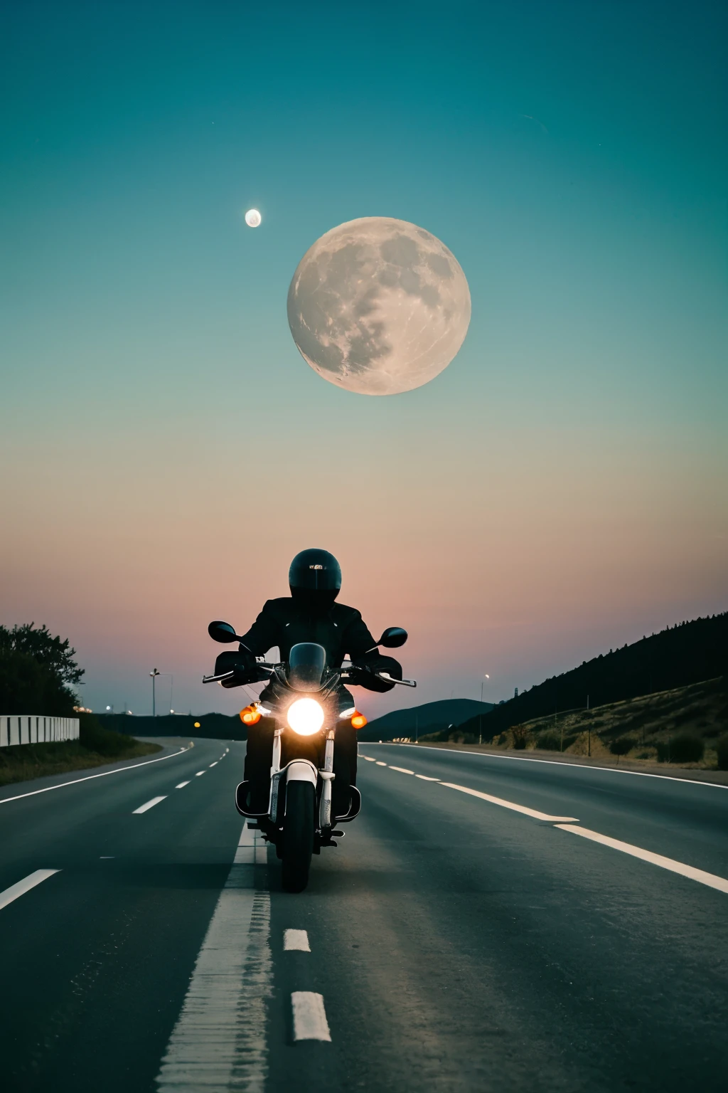 motorcyclist driving on the road with the moon in the background
