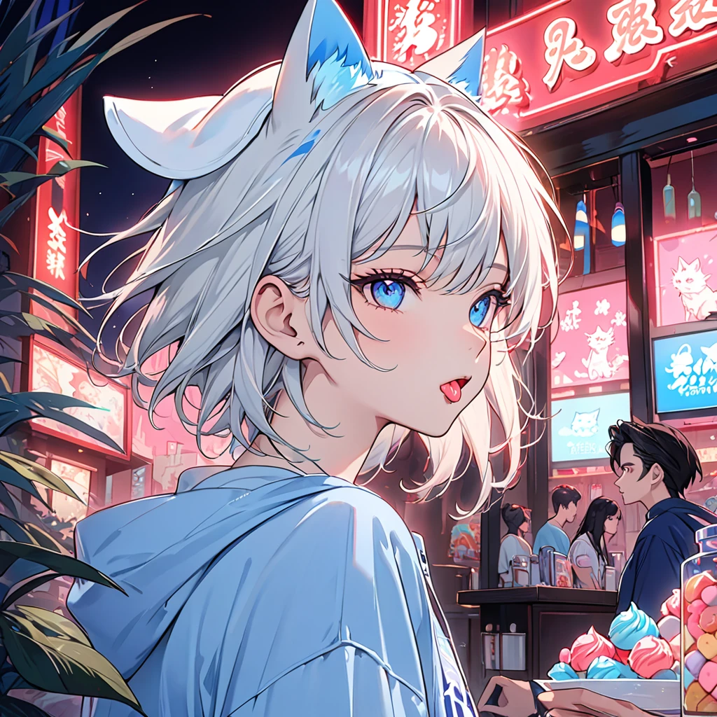 (best qualityer) ((work of art)) 4K Full HD (Aesthetic), a boy, Cao Cao, slim, Short and Straight White Hair, sapphire eyes, He wears a white cap with horizontal blue stripes and cat ears., light blue sweatshirt, cute details, pink background with sweets, Showing your tongue in a provocative way, Sideways looking at the camera, Neon lights, Single Male.