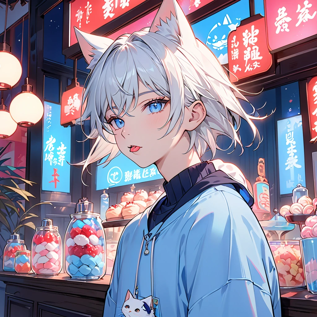 (best qualityer) ((work of art)) 4K Full HD (Aesthetic), a boy, Cao Cao, slim, Short and Straight White Hair, sapphire eyes, He wears a white cap with horizontal blue stripes and cat ears., light blue sweatshirt, cute details, pink background with sweets, Showing your tongue in a provocative way, Sideways looking at the camera, Neon lights, Single Male.