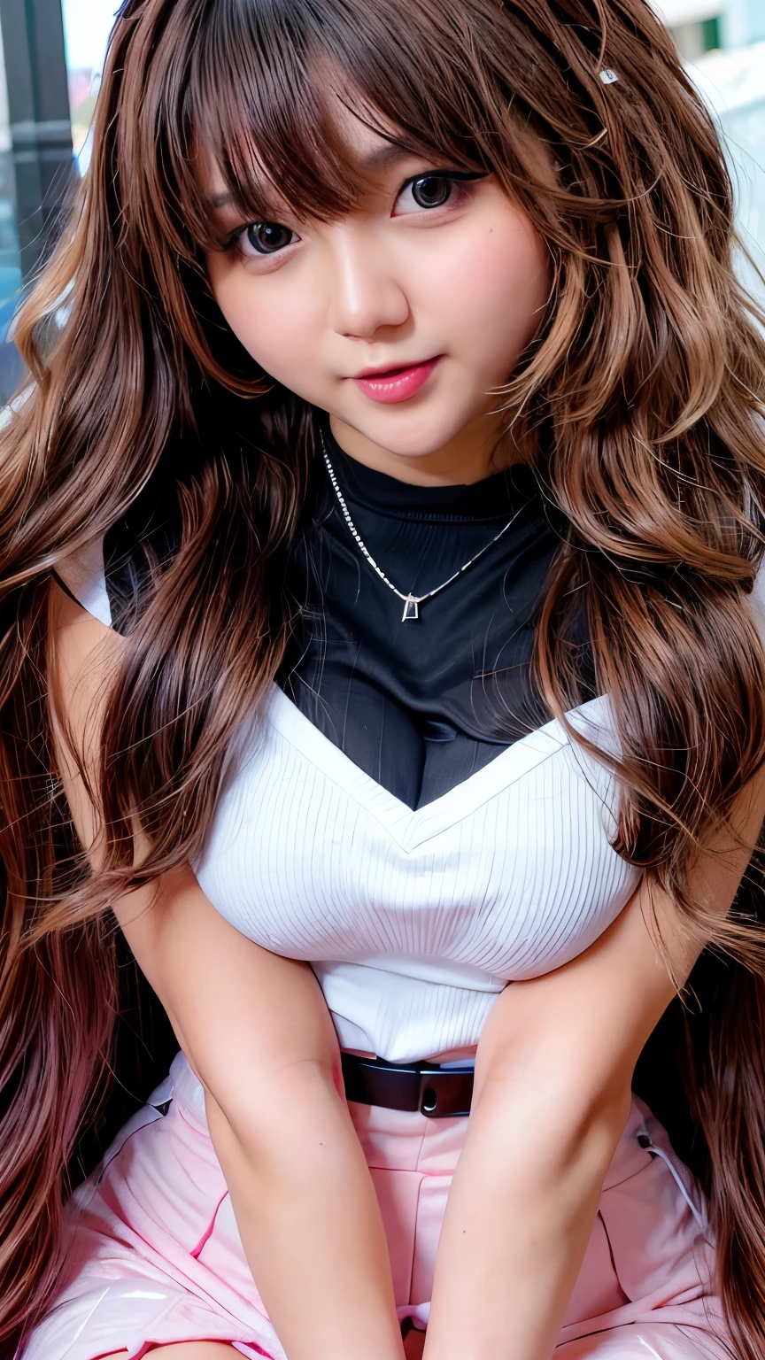 Canon RF85mm f/1.2, masterpiece, best quality, ultra highres, vc, 1 girl, (Korean mix, kpop idol:1.2),solo,glistening white skin,black eyes,necklace,((long wavy brown hair)),((glistening pink lips)),eyelashes,bangs,face,makeup,shiny,pores,skin texture,bracelet,offshoulder,see-through,big ,full body,mini skirt, full body facing the camera, highlighting her big 